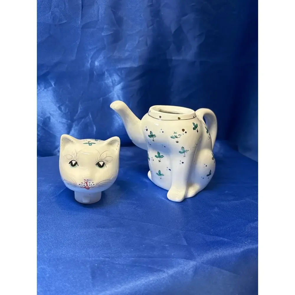 Vintage White Porcelain Cat Teapot Accented with Green Leaf Design